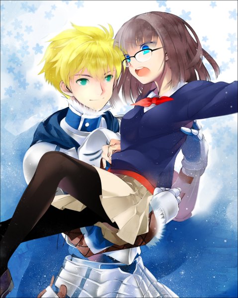 Anime picture 1000x1253 with fate (series) fate/prototype type-moon arthur pendragon (fate) sajou ayaka saber (fate/prototype) hakusai (tiahszld) tall image fringe short hair blue eyes simple background blonde hair smile brown hair aqua eyes open clothes blue background girl boy