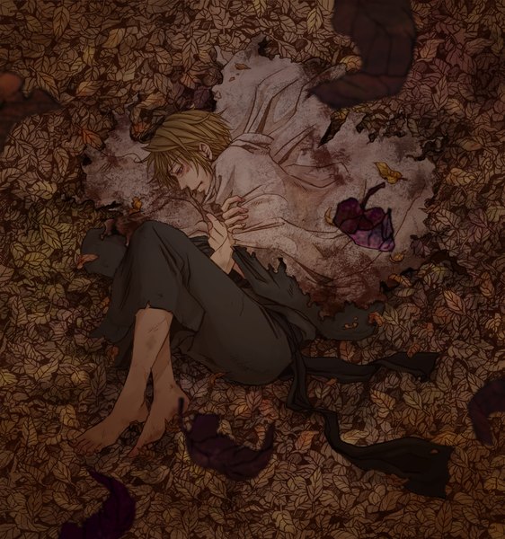 Anime picture 1149x1226 with saiyuki tagme (character) kuzunage (pixiv 3808847) single tall image short hair blonde hair red eyes lying barefoot from above torn clothes embryo's pose boy leaf (leaves) cloak teardrop