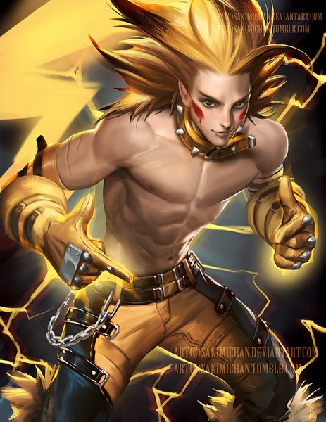 Anime picture 695x900 with pokemon dragon ball dragon ball z nintendo pikachu sakimichan single long hair tall image looking at viewer black hair blonde hair smile bare shoulders yellow eyes multicolored hair realistic two-tone hair grey eyes leaning