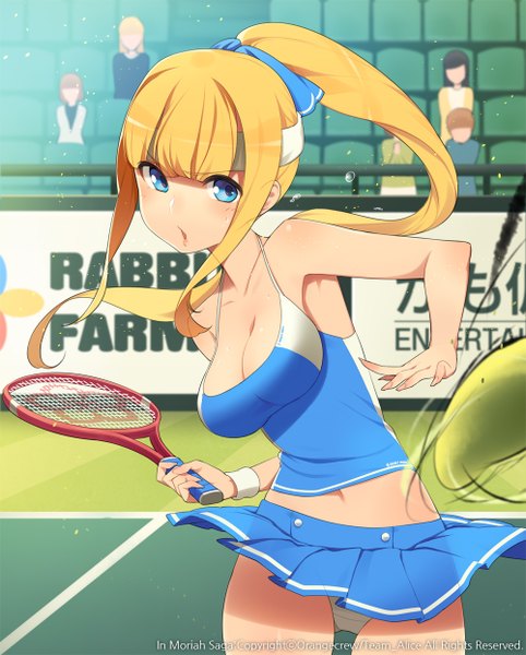 Anime picture 1000x1244 with original ssberit single long hair tall image breasts blue eyes light erotic blonde hair ponytail tennis girl uniform miniskirt gym uniform ball people tennis uniform tennis racket tennis ball