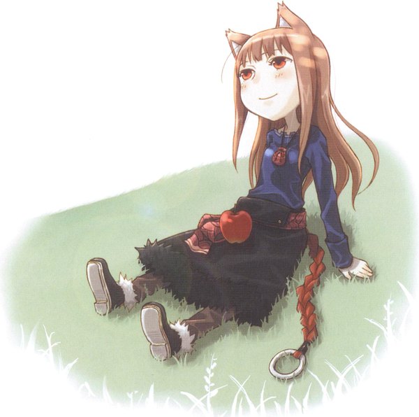 Anime picture 2338x2324 with spice and wolf horo ayakura juu long hair blush highres simple background red eyes brown hair sitting looking up wolf ears wolf girl girl apple