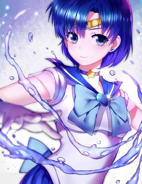 Anime picture 1000x1290 with bishoujo senshi sailor moon toei animation mizuno ami sailor mercury s a~ single tall image looking at viewer blush short hair blue eyes blue hair light smile girl skirt gloves bow choker water elbow gloves