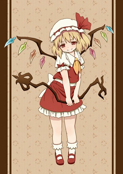 Anime picture 716x1013 with touhou flandre scarlet monmonga single tall image looking at viewer blush short hair simple background blonde hair smile red eyes brown background pillarboxed girl skirt weapon wings socks white socks
