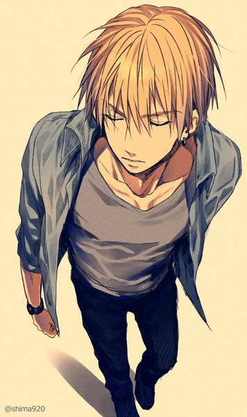 Anime picture 550x925 with kuroko no basket production i.g kise ryouta mashima shima single tall image fringe short hair simple background blonde hair hair between eyes signed eyes closed from above open shirt piercing ear piercing walking yellow background twisty sleeves