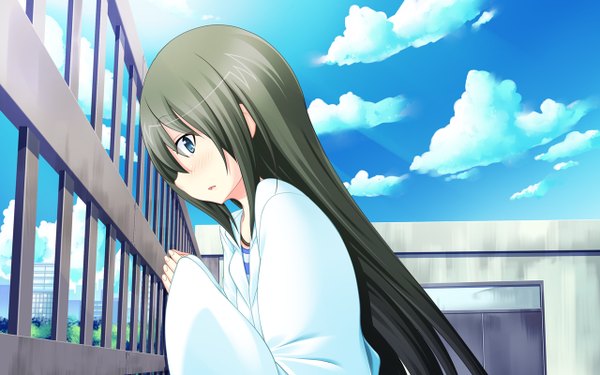 Anime picture 1280x800 with flag heshiori otoko mamiya mei komo da long hair blue eyes black hair wide image game cg cloud (clouds) girl