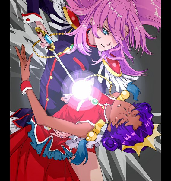 Anime picture 1000x1058 with revolutionary girl utena j.c. staff tenjou utena himemiya anthy yamaishi (mukoubuti) long hair tall image fringe short hair blue eyes simple background multiple girls pink hair purple hair eyes closed hair over one eye grey background dark skin girl dress