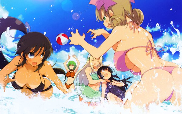 Anime picture 1920x1200 with senran kagura homura (senran kagura) yomi (senran kagura) hikage (senran kagura) mirai (senran kagura) haruka (senran kagura) long hair blush highres short hair breasts open mouth light erotic black hair blonde hair brown hair wide image large breasts multiple girls green eyes