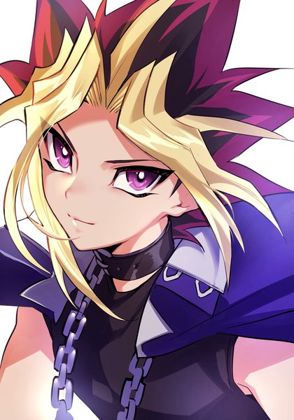 Anime picture 3038x4341 with yu-gi-oh! yami yuugi maruchi single tall image looking at viewer highres short hair simple background blonde hair white background purple eyes absurdres multicolored hair light smile from above sleeveless portrait spiked hair boy