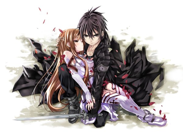 Anime picture 1600x1155 with sword art online a-1 pictures yuuki asuna kirigaya kazuto kirito shino (eefy) black hair blonde hair couple tears thighhighs weapon petals sword