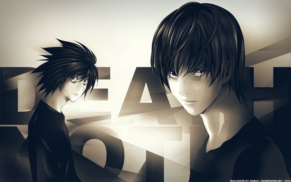 Anime picture 1920x1200 with death note madhouse yagami light l (death note) anbuu highres short hair black hair wide image inscription multiple boys copyright name monochrome boy 2 boys