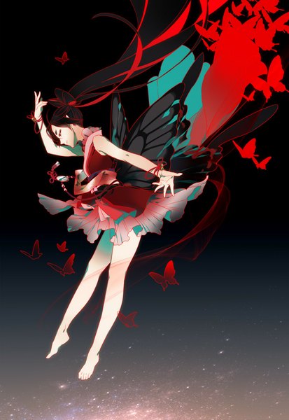 Anime picture 800x1161 with original ai (warekaku) single long hair tall image brown hair eyes closed barefoot bare legs legs sleeveless flying insect wings butterfly wings girl wings insect butterfly thread red thread