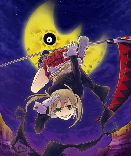 Anime picture 920x1094 with soul eater studio bones maka albarn curryuku tall image looking at viewer open mouth smile twintails green eyes sky pleated skirt night night sky plaid skirt short twintails crescent clenched teeth salute girl