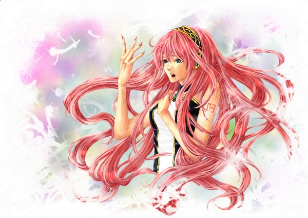 Anime picture 1500x1060 with vocaloid megurine luka aloeloa single long hair open mouth blue eyes bare shoulders pink hair nail polish tattoo hand on chest singing girl headphones feather (feathers)