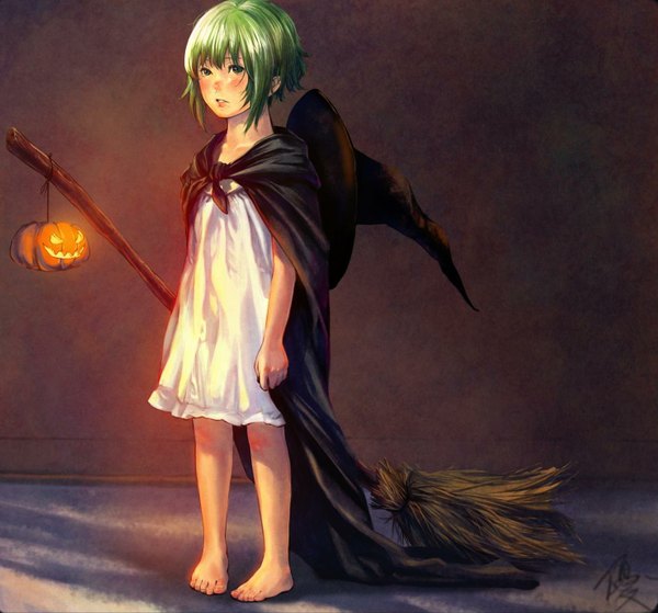 Anime picture 1475x1376 with vocaloid gumi yuurin (yuurinfantast) single blush short hair signed barefoot green hair halloween witch girl cloak child (children) vegetables broom jack-o'-lantern pumpkin