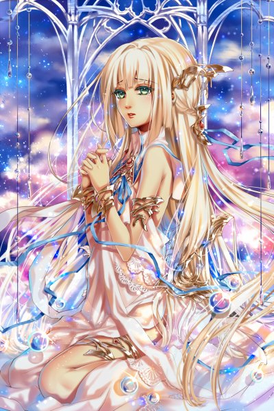 Anime picture 800x1200 with original kingchenxi single long hair tall image blue eyes white hair girl dress hair ornament ribbon (ribbons) bracelet