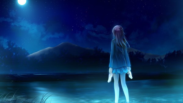 Anime picture 1280x720 with suika niritsu (game) single long hair wide image game cg red hair from behind night mountain scenic girl water moon