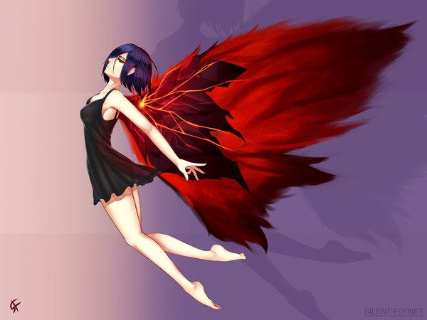 Anime picture 1200x900 with tokyo ghoul studio pierrot kirishima touka silent-fly blush fringe short hair breasts simple background red eyes bare shoulders blue hair hair over one eye bare legs shadow spread arms black sclera girl dress black dress