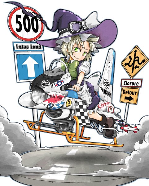 Anime picture 1140x1420 with touhou kitsuneno denpachi single tall image short hair blonde hair smile puffy sleeves smoke flying witch driving girl bow gun wrist cuffs witch hat ground vehicle hat ribbon road