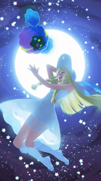 Anime picture 2693x4817 with pokemon pokemon sm nintendo lillie (pokemon) cosmog lyn-chyan single long hair tall image highres blonde hair bent knee (knees) braid (braids) night night sky twin braids looking up flying adjusting hat transparent