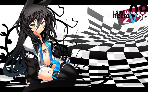 Anime picture 1920x1200 with original char long hair highres black hair wide image animal ears yellow eyes checkered floor checkered background thighhighs headphones