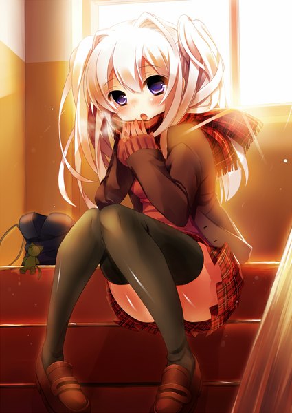 Anime picture 811x1145 with original amamine single long hair tall image looking at viewer blush open mouth sitting purple eyes white hair girl thighhighs uniform black thighhighs school uniform jacket scarf
