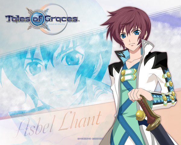 Anime picture 1280x1024 with tales of graces asbel lhant single looking at viewer brown hair inscription boy weapon sword blue rose