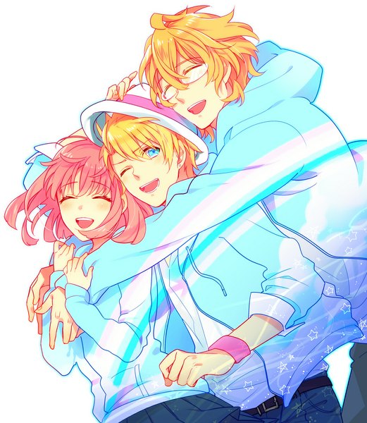 Anime picture 1000x1150 with uta no prince-sama a-1 pictures nanami haruka (uta no prince-sama) kurusu shou shinomiya natsuki karuha tall image blush short hair open mouth simple background blonde hair white background pink hair eyes closed pleated skirt one eye closed wink from behind orange hair