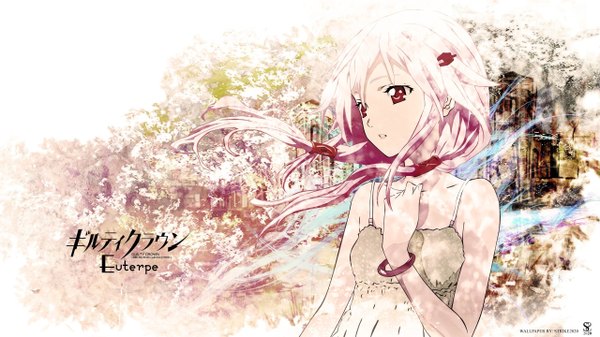 Anime picture 2560x1440 with guilty crown production i.g yuzuriha inori long hair highres open mouth wide image bare shoulders looking away pink hair pink eyes inscription sad girl bracelet