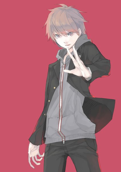 Anime picture 1240x1754 with dangan ronpa naegi makoto haruba negi single tall image looking at viewer short hair simple background brown hair parted lips grey eyes outstretched arm red background boy hood hoodie