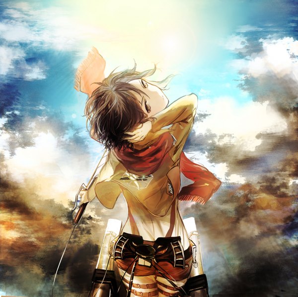 Anime picture 1230x1225 with shingeki no kyojin production i.g pixiv mikasa ackerman juexing (moemoe3345) single looking at viewer short hair brown hair brown eyes sky cloud (clouds) wind sunlight back light walking girl weapon sword