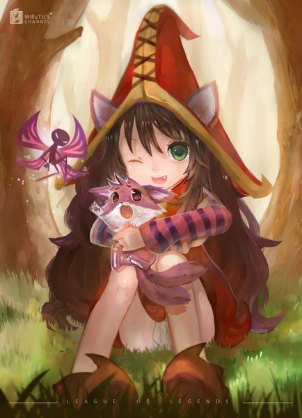 Anime picture 1874x2587 with league of legends lulu (league of legends) miruto single long hair tall image fringe highres light erotic black hair smile sitting green eyes animal ears bent knee (knees) one eye closed wink teeth fang (fangs) pantyshot