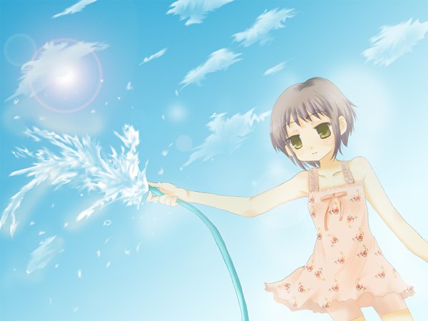 Anime picture 1024x768 with suzumiya haruhi no yuutsu kyoto animation nagato yuki single looking at viewer fringe short hair standing bare shoulders holding yellow eyes sky silver hair cloud (clouds) outdoors arm up wind sunlight girl dress