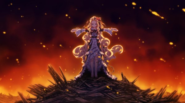 Anime picture 1920x1080 with taiyou no promia cachette long hair highres blue eyes blonde hair wide image game cg girl dress fire