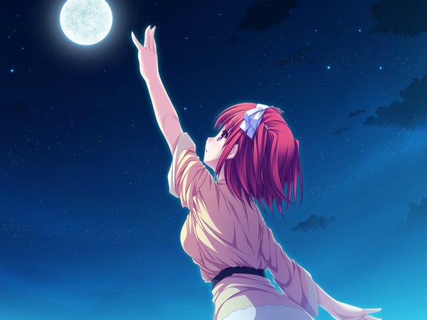 Anime picture 1600x1200 with suzukaze no melt tsubaki nazuna tenmaso short hair purple eyes game cg red hair night girl moon star (stars)