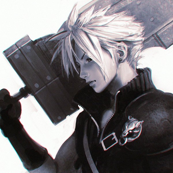 Anime picture 900x900 with final fantasy final fantasy vii square enix cloud strife ilya kuvshinov single short hair simple background white background holding looking away profile lips piercing monochrome ear piercing open collar anaglyph boy gloves