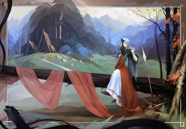 Anime picture 1280x889 with the banner saga juno (banner saga) haryarti long hair black hair sitting crossed legs mountain landscape framed autumn panorama girl weapon plant (plants) animal tree (trees) bird (birds) hood building (buildings)