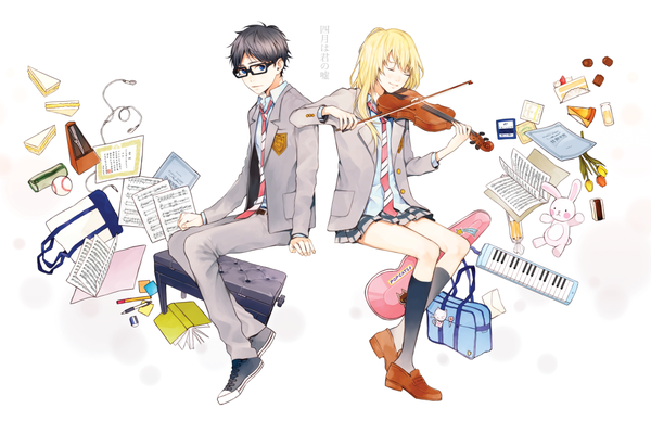 Anime picture 1082x700 with shigatsu wa kimi no uso a-1 pictures miyazono kaori arima kousei yoonmi long hair short hair blue eyes black hair simple background blonde hair smile white background sitting looking away full body eyes closed copyright name playing instrument girl