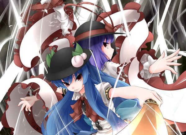 Anime picture 1375x1000 with touhou hinanawi tenshi nagae iku kanjuku udon long hair short hair red eyes multiple girls blue hair purple hair looking back back to back girl ribbon (ribbons) weapon 2 girls hat fruit