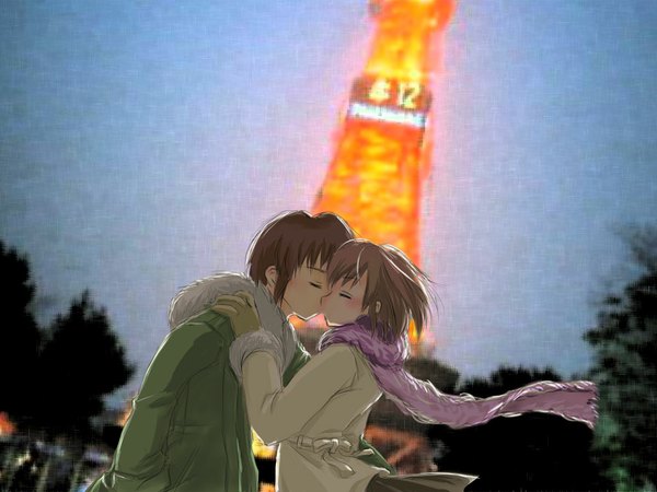 Anime picture 1024x768 with suzumiya haruhi no yuutsu kyoto animation kyon sasaki fringe short hair brown hair sky upper body outdoors eyes closed long sleeves wind couple kiss hand on another's shoulder photo background girl boy scarf