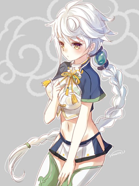 Anime picture 600x800 with kantai collection unryuu aircraft carrier nunucco single long hair tall image light erotic simple background signed yellow eyes white hair braid (braids) grey background bare belly single braid looking down girl thighhighs skirt navel