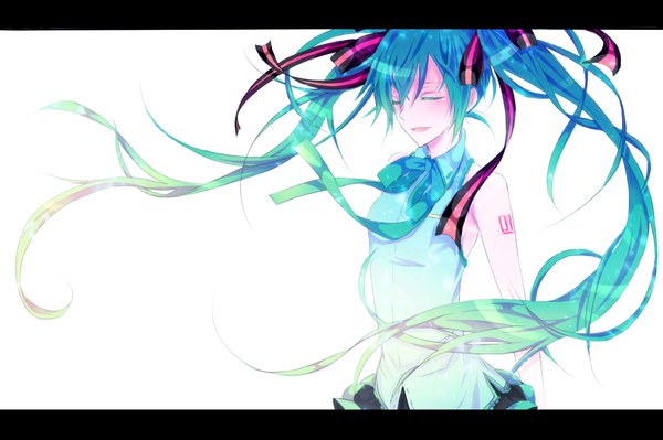 Anime picture 1024x682 with vocaloid hatsune miku single long hair white background twintails bare shoulders eyes closed aqua hair girl