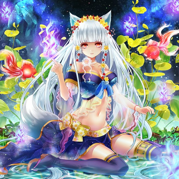 Anime picture 1000x1000 with original kasugaya single long hair looking at viewer red eyes bare shoulders animal ears white hair braid (braids) cat ears midriff girl thighhighs dress navel flower (flowers) black thighhighs fish (fishes) wreath