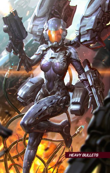 Anime picture 635x1000 with original kilart (artist) single tall image looking at viewer standing bent knee (knees) outdoors inscription covered navel smoke science fiction shot firing girl uniform weapon armor gun bodysuit