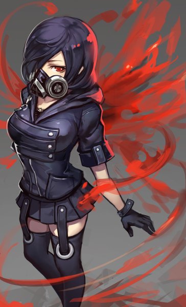 Anime picture 778x1280 with tokyo ghoul studio pierrot kirishima touka evan yang single tall image looking at viewer fringe short hair breasts simple background large breasts standing purple hair bent knee (knees) pleated skirt from above hair over one eye grey background short sleeves