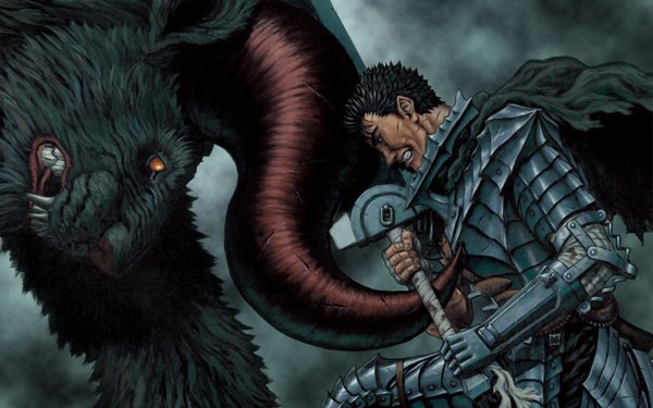 Anime picture 1920x1200 with berserk guts zodd highres short hair open mouth black hair red eyes wide image horn (horns) teeth fang (fangs) grin boy weapon sword armor cloak monster