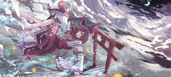 Anime picture 2348x1068 with touhou hakurei reimu risutaru single long hair highres brown hair wide image holding brown eyes cloud (clouds) barefoot mountain miko crescent legs up falling girl bow hair bow