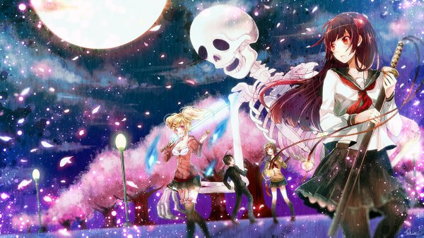Anime picture 1300x731 with original shionetter long hair blush fringe short hair open mouth blonde hair red eyes brown hair wide image standing twintails multiple girls holding sky red hair night cherry blossoms glowing