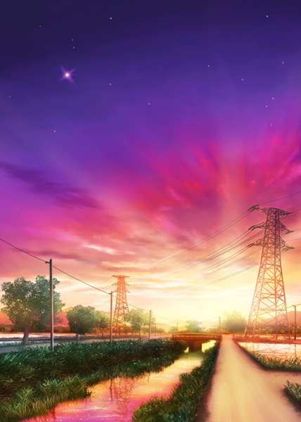 Anime picture 1100x1540 with original monorisu tall image sky cloud (clouds) evening sunset landscape river plant (plants) tree (trees) star (stars) wire (wires) bridge power lines road
