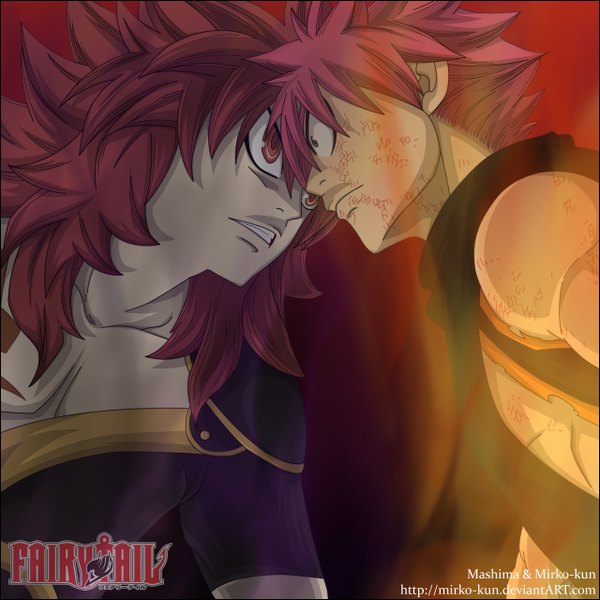 Anime picture 1280x1280 with fairy tail natsu dragneel sancrow mashima hiro mirko-kun long hair short hair simple background red eyes pink hair black eyes inscription coloring magic muscle face to face boy