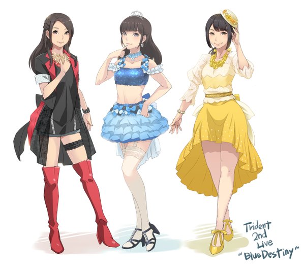 Anime picture 1343x1200 with real life numakura manami yamamura hibiku (seiyuu) fuchigami mai mikel (4hands) looking at viewer black hair smile white background multiple girls brown eyes girl thighhighs dress flower (flowers) hat white thighhighs boots 3 girls thigh boots